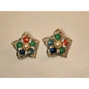 Vintage Sarah Coventry Silver Tone Fantasy Star Multicolor Clip On Earrings